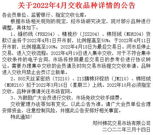 郑州棉花关于2022年4月交收品种详情的公告